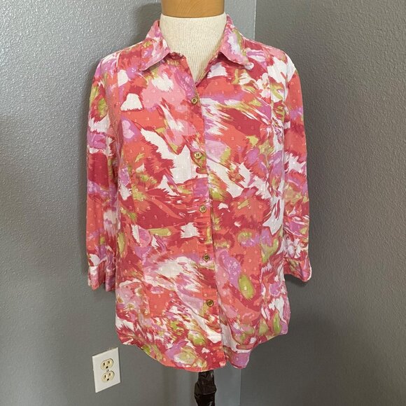 JM Collection Tops - JM Collection Blouse 14P Button-Down Abstract Pink White Green Petite 3/4 Sleeve